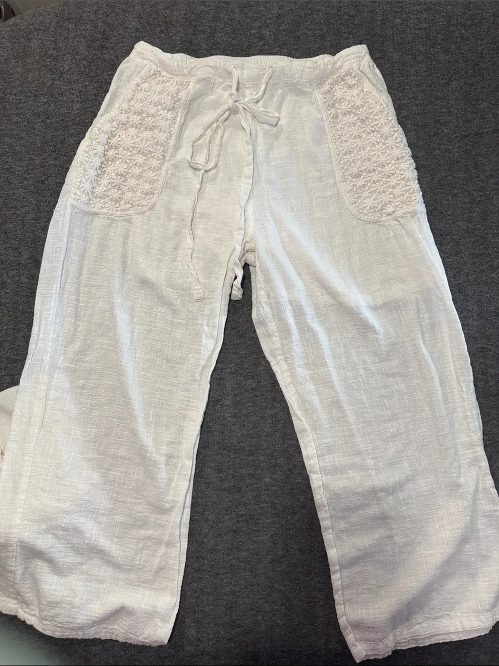 White Embroidered Wide-Leg Pants by